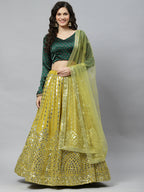 Fluorescent green Georgette Paper Mirror Embroidery Work Lehenga Choli with Dupatta - Jivika
