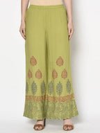 Aniyah Rayon Parrot Green Color Block Print Flared Slip-On Palazzo (AN-196K)