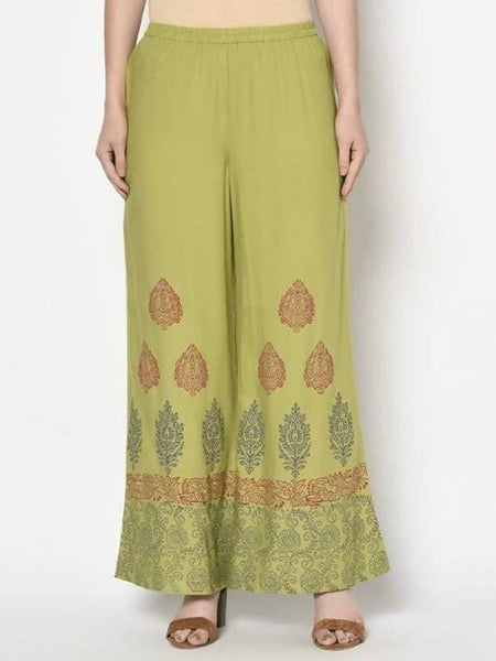 Aniyah Rayon Parrot Green Color Block Print Flared Slip-On Palazzo (AN-196K)
