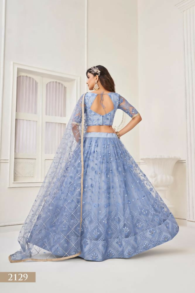 Aastha Fashion Neon Blue Butterfly Net Tone To Tone Thread Work, Sequence Work Embroidery With Original Mirror Handwork Wedding Wear Lehenga Choli