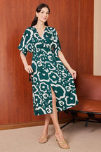 Pimu Front Slit Midi Dresses V-neck Designs For Women Party Wear-Blue