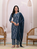 Yufta Teal Blue Embroidered Pure Cotton Straight Kurta Dupatta Set