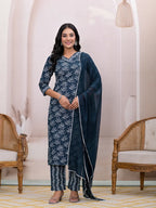Yufta Teal Blue Embroidered Pure Cotton Straight Kurta Dupatta Set