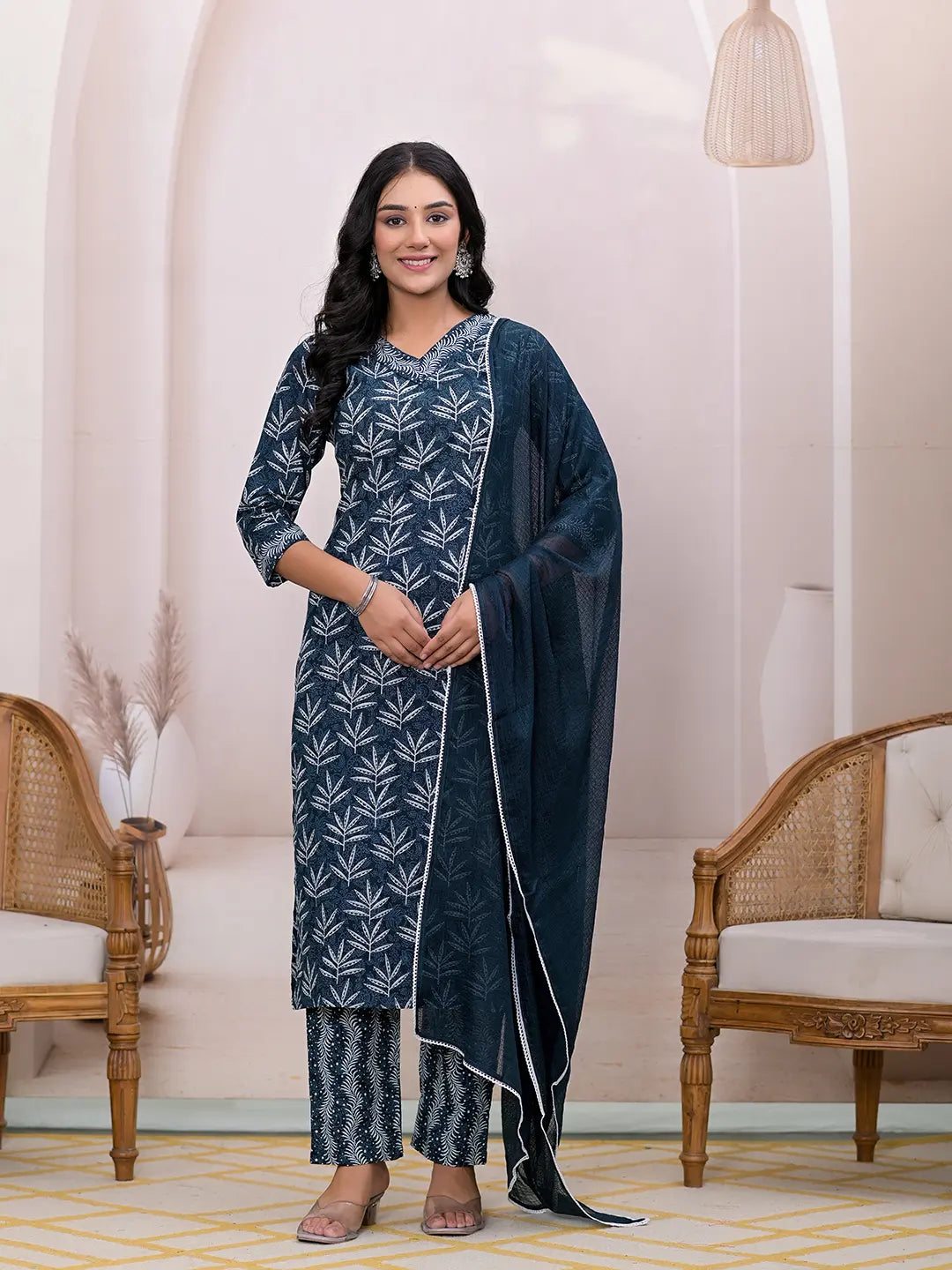 Yufta Teal Blue Embroidered Pure Cotton Straight Kurta Dupatta Set