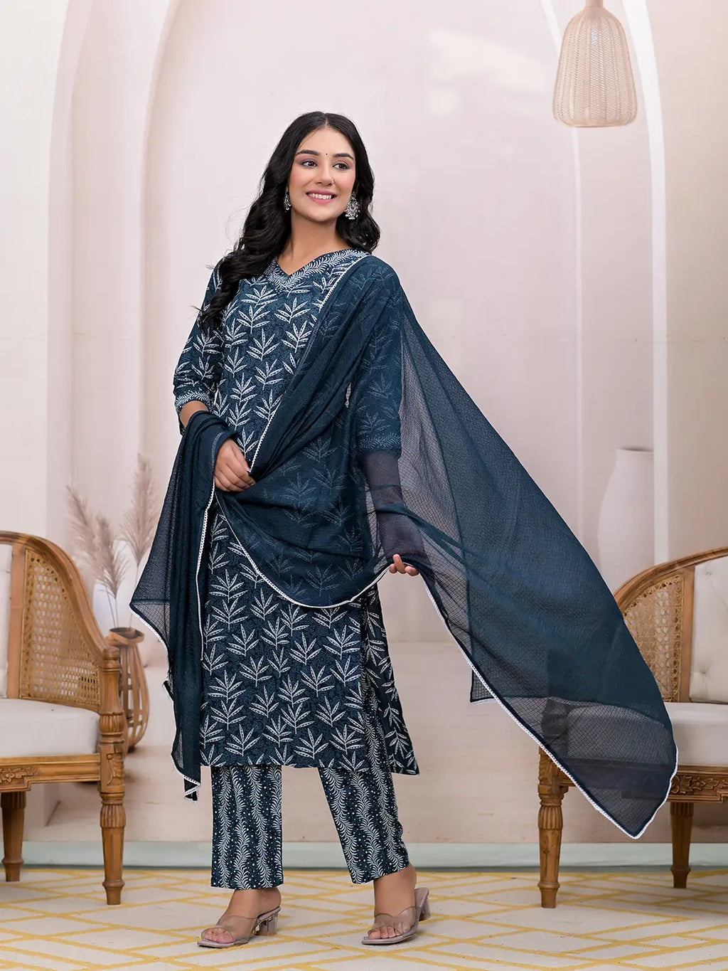 Yufta Teal Blue Embroidered Pure Cotton Straight Kurta Dupatta Set
