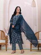 Yufta Teal Blue Embroidered Pure Cotton Straight Kurta Dupatta Set