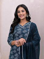 Yufta Teal Blue Embroidered Pure Cotton Straight Kurta Dupatta Set