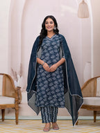 Yufta Teal Blue Embroidered Pure Cotton Straight Kurta Dupatta Set