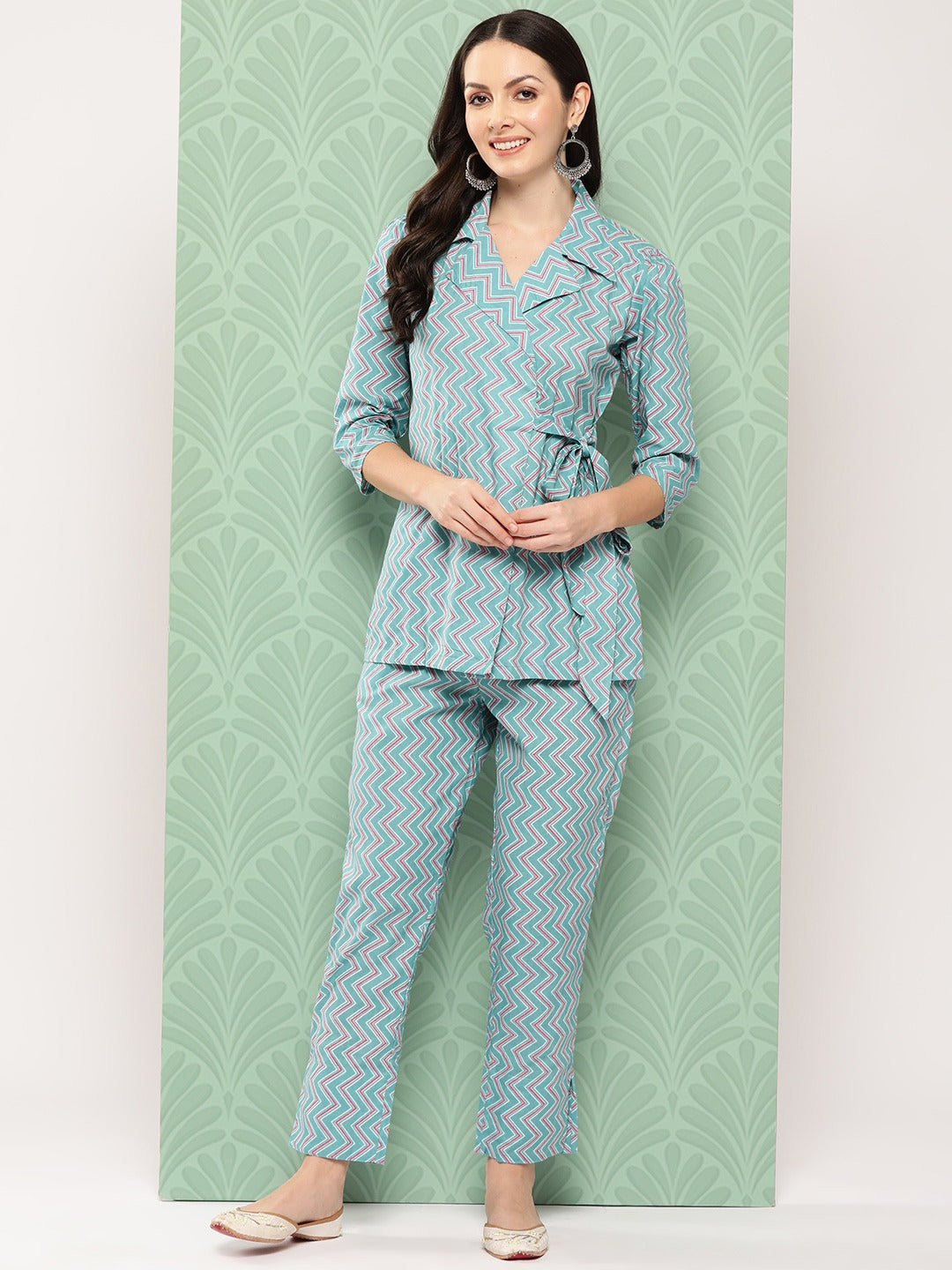 Yufta Teal Blue Printed Pure Cotton Top with Trousers