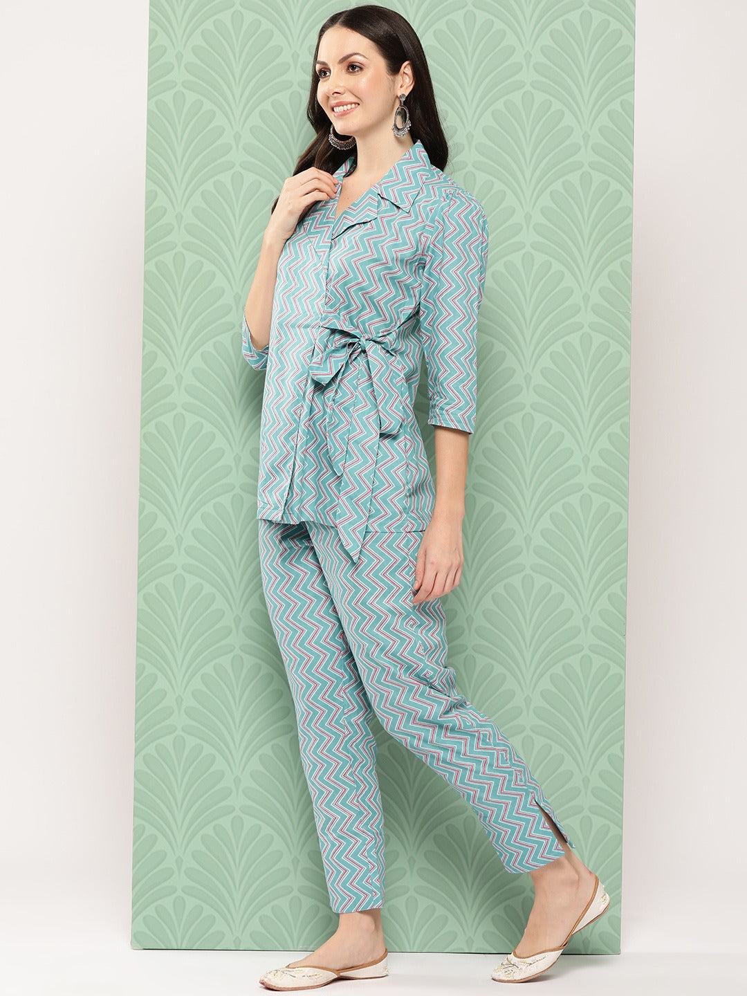 Yufta Teal Blue Printed Pure Cotton Top with Trousers