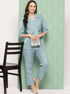 Yufta Teal Blue Printed Pure Cotton Top with Trousers