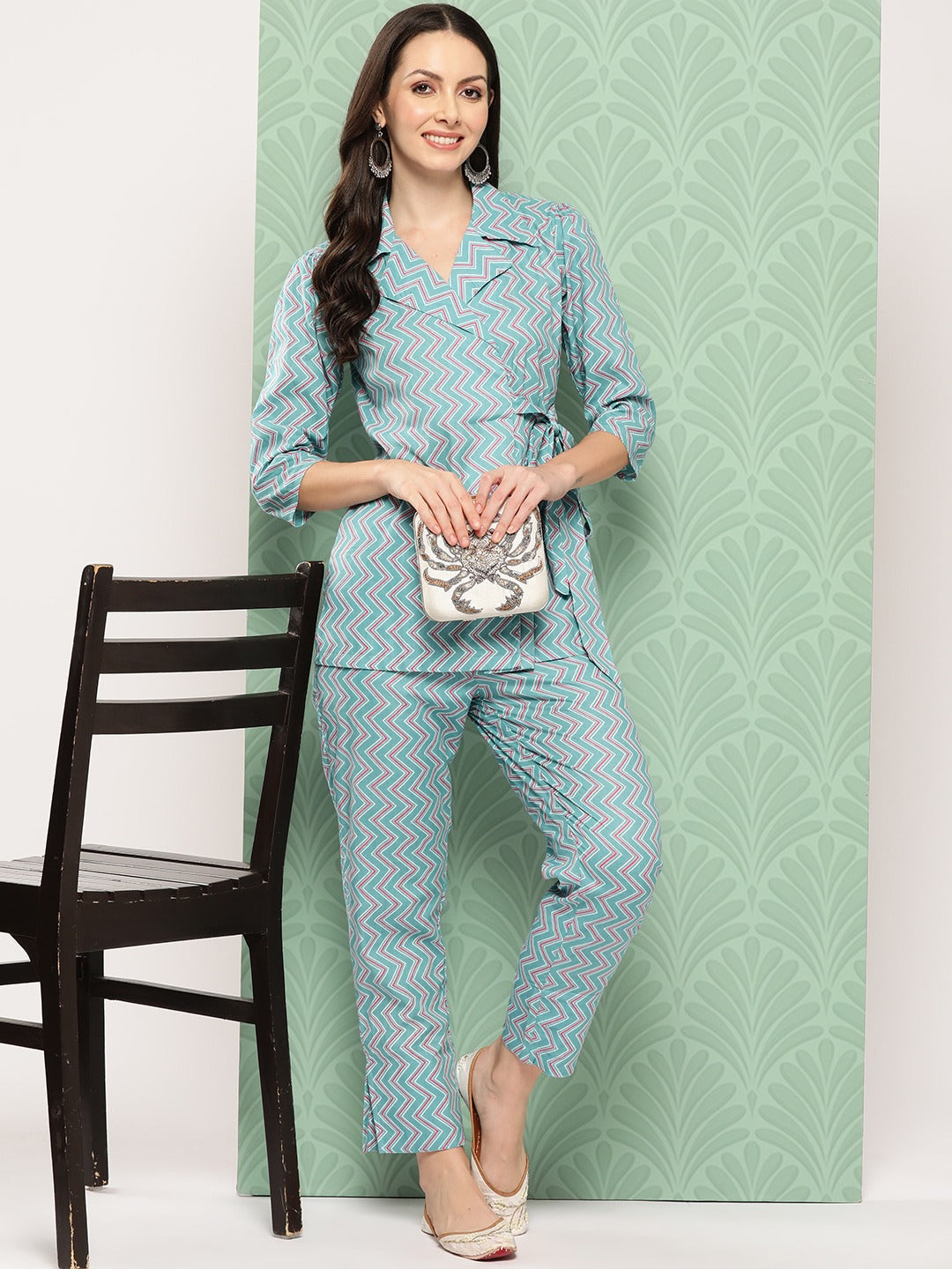 Yufta Teal Blue Printed Pure Cotton Top with Trousers