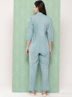 Yufta Teal Blue Printed Pure Cotton Top with Trousers