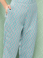 Yufta Teal Blue Printed Pure Cotton Top with Trousers