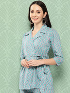 Yufta Teal Blue Printed Pure Cotton Top with Trousers