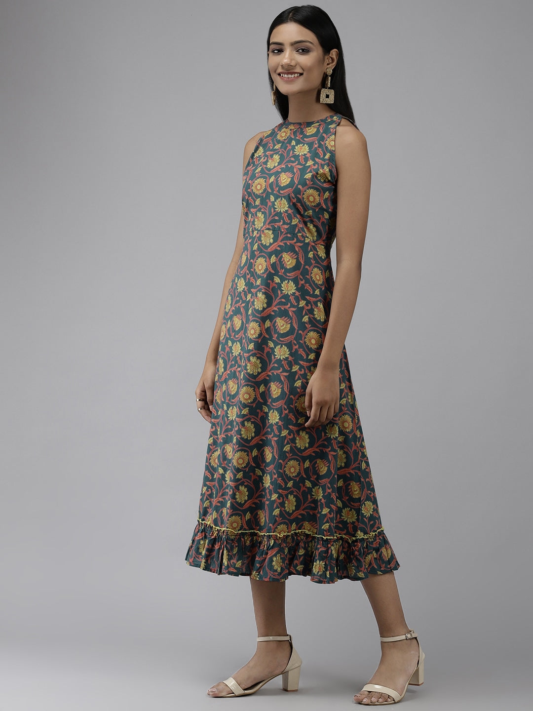 Yufta Teal Floral Dress - Distacart