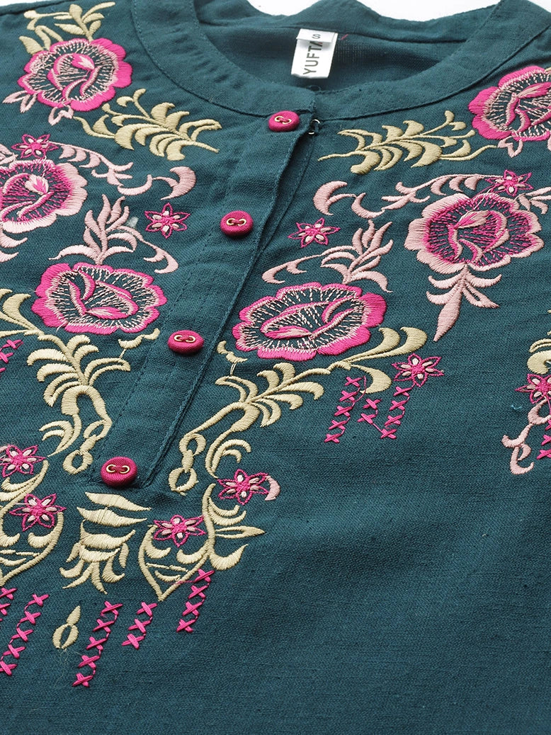 Yufta Teal Floral Embroidered Top