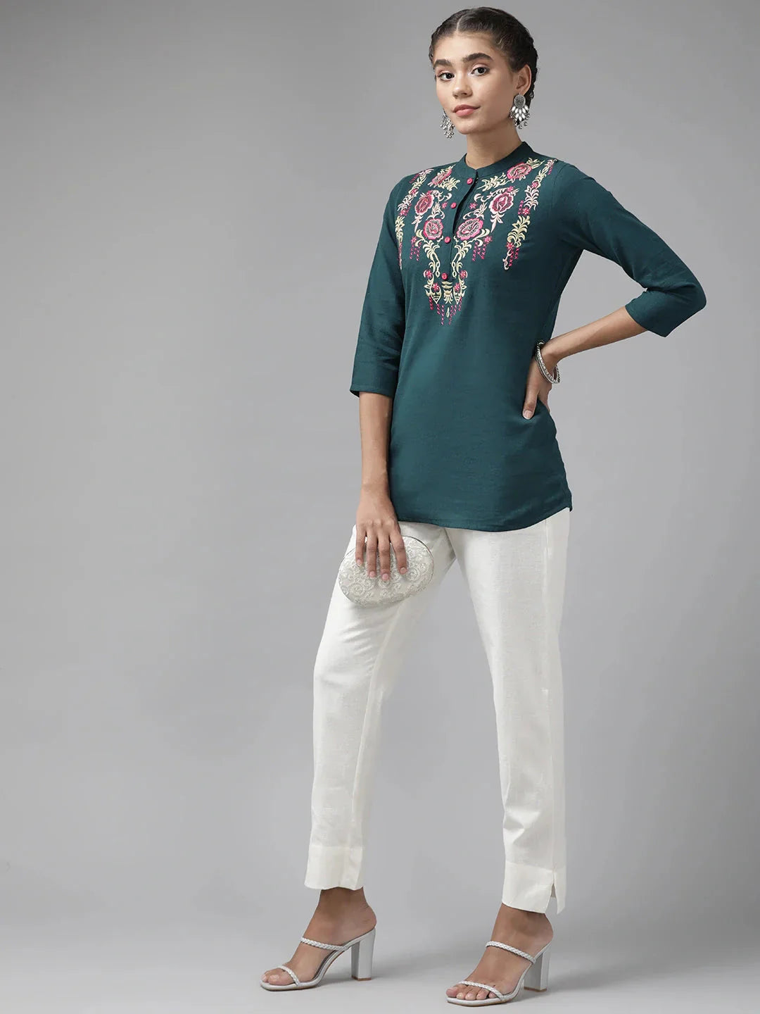 Yufta Teal Floral Embroidered Top