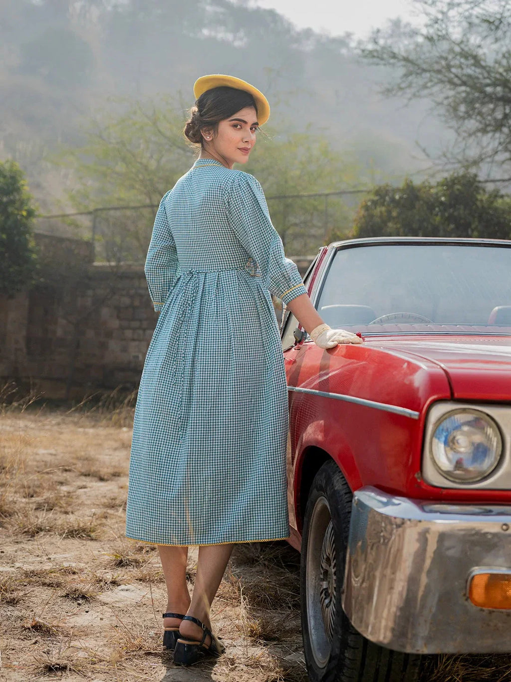 Yufta Teal Green Cotton Check Comes With A Belt Dress - Distacart