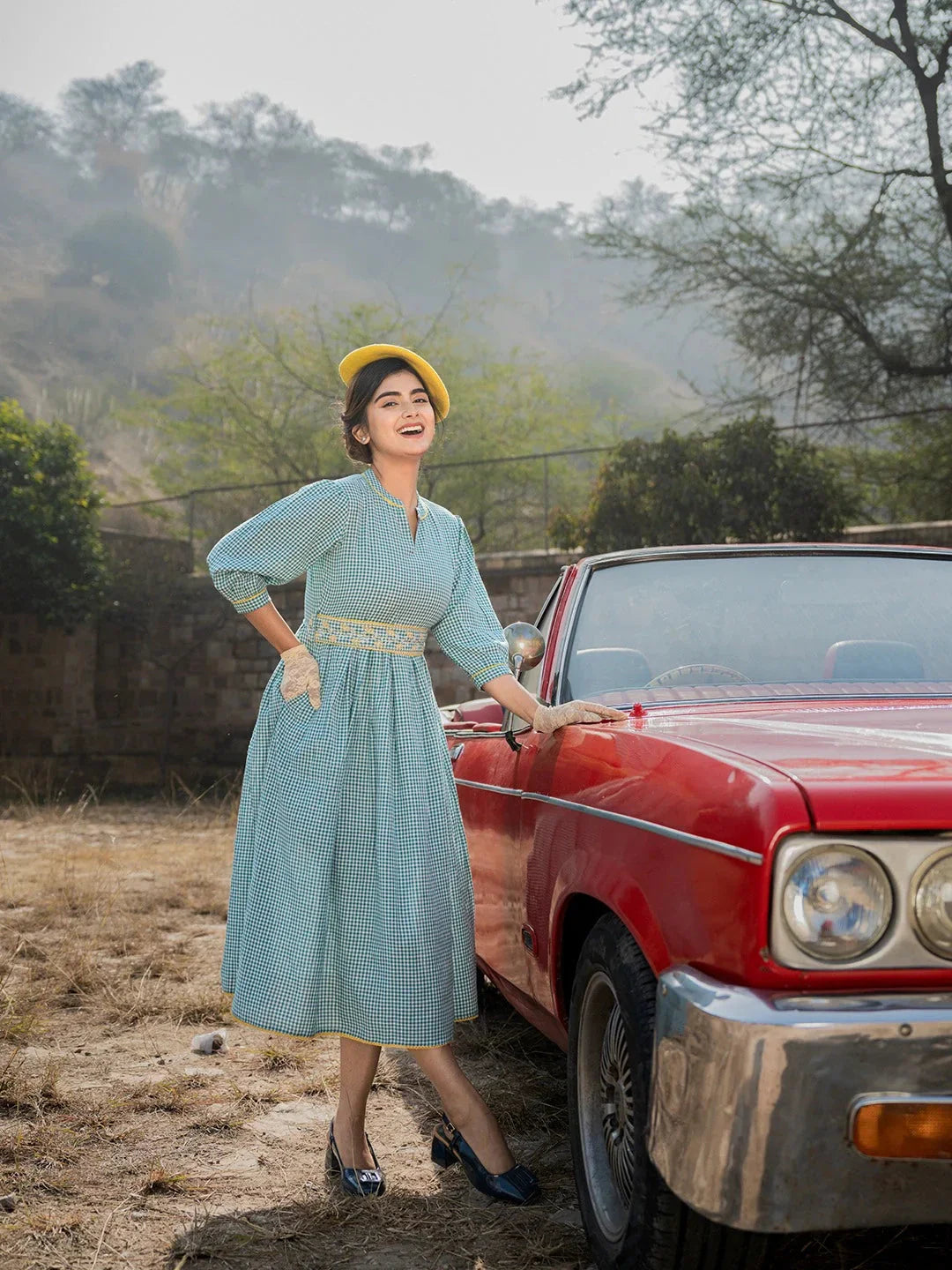 Yufta Teal Green Cotton Check Comes With A Belt Dress - Distacart
