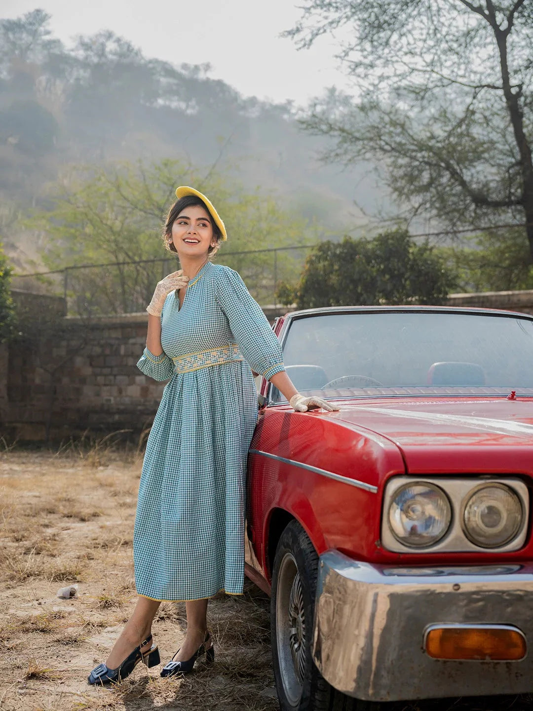 Yufta Teal Green Cotton Check Comes With A Belt Dress - Distacart
