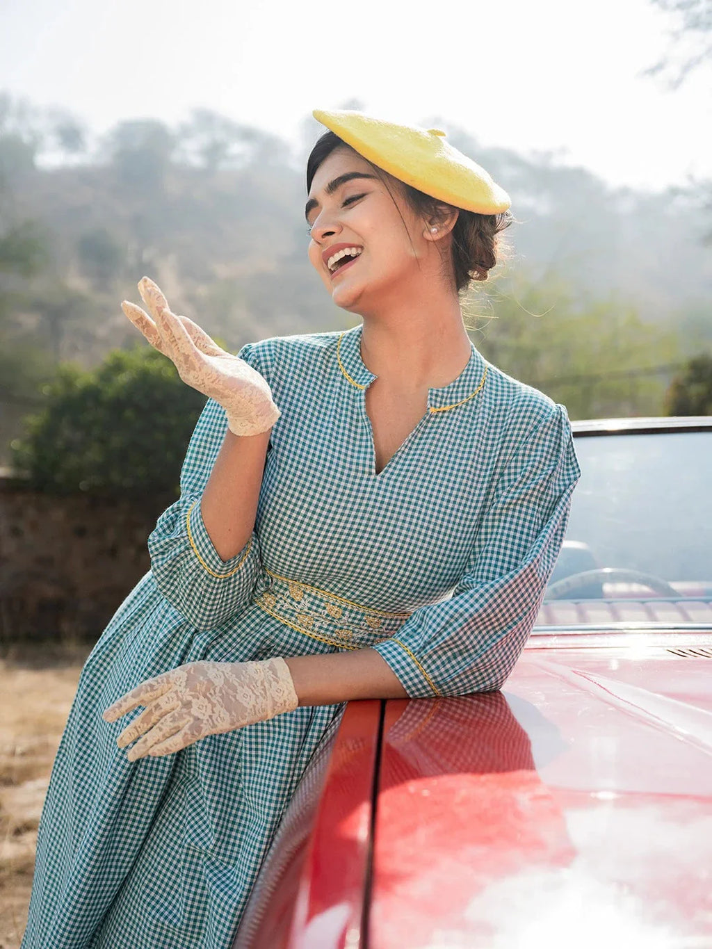Yufta Teal Green Cotton Check Comes With A Belt Dress - Distacart