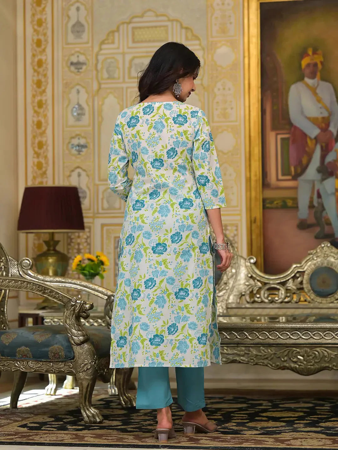 Yufta Teal Green Floral Print Straight Button Show On Yoke Kurta Trouser And Dupatta Set