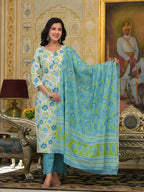 Yufta Teal Green Floral Print Straight Button Show On Yoke Kurta Trouser And Dupatta Set