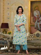 Yufta Teal Green Floral Print Straight Button Show On Yoke Kurta Trouser And Dupatta Set