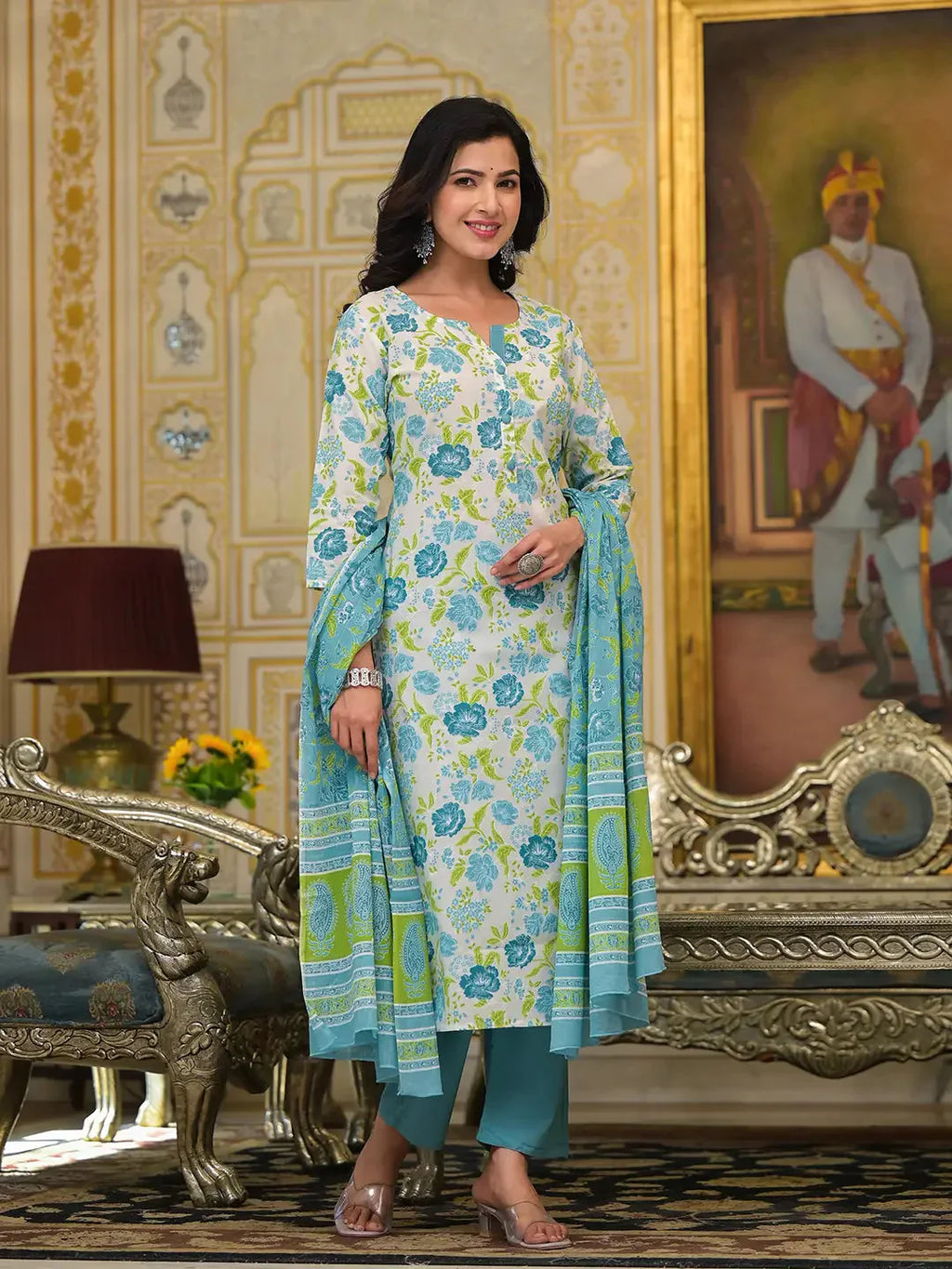 Yufta Teal Green Floral Print Straight Button Show On Yoke Kurta Trouser And Dupatta Set