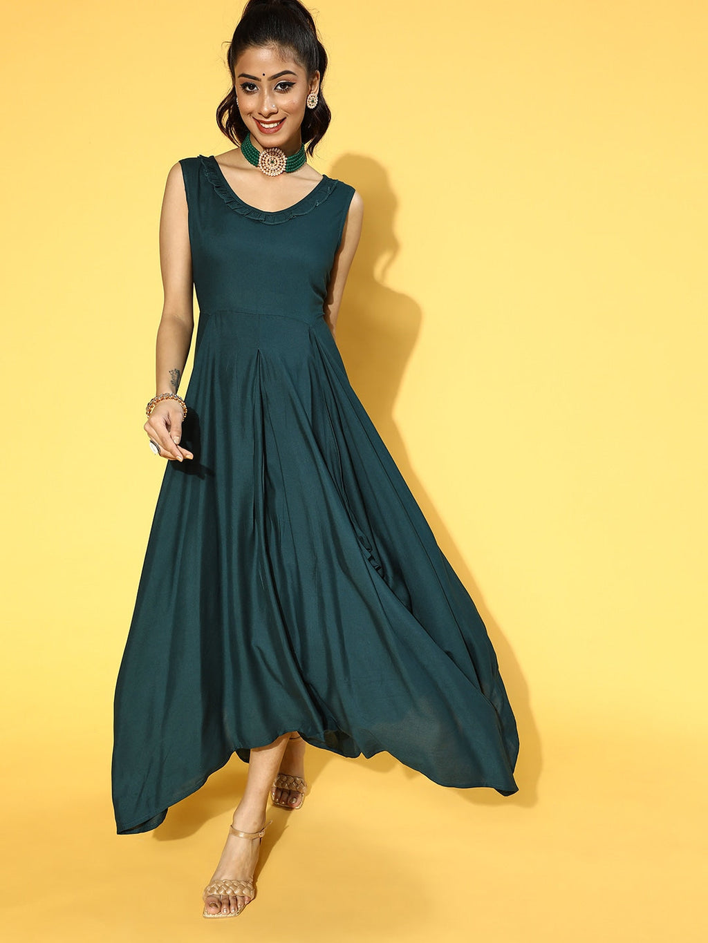 Yufta Teal Green Solid Maxi Dress - Distacart