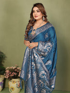 Anaita Teal Blue Zari Butta Work Satin Silk Saree With Blouse - Distacart