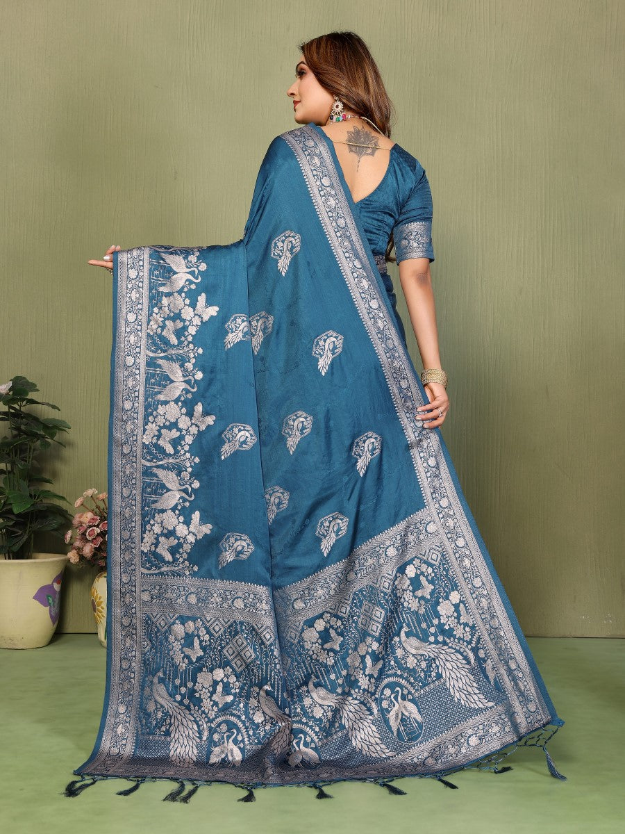 Anaita Teal Blue Zari Butta Work Satin Silk Saree With Blouse - Distacart