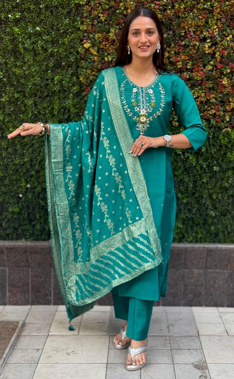 Lorenvalley Fashion Teal Roman Silk Hand Work Kurta Pant with Dupatta - Distacart
