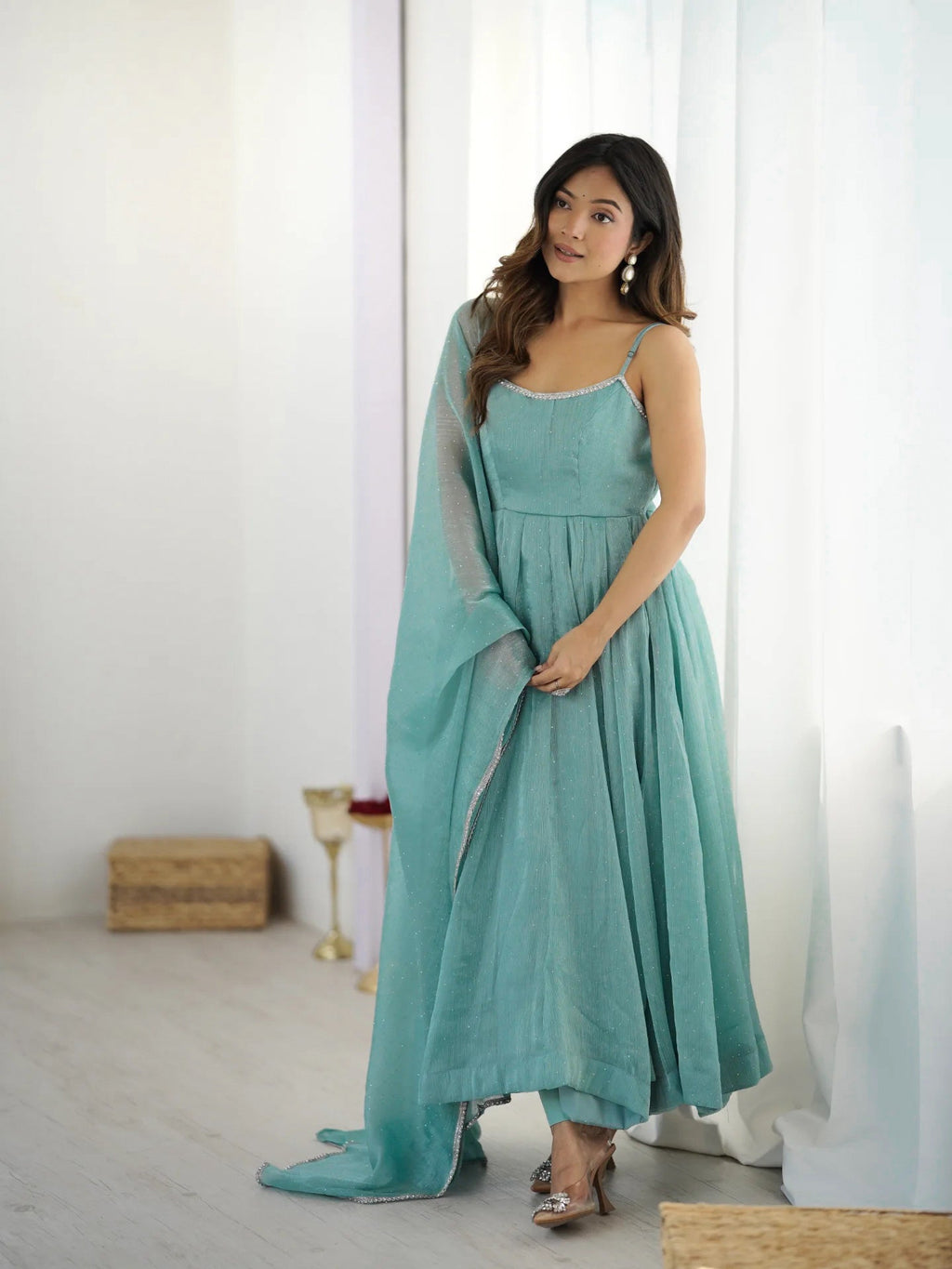 Lorenvalley Teal Crunchy Silk Fabric with Siroski Work Anarkali Pant With Dupatta Set