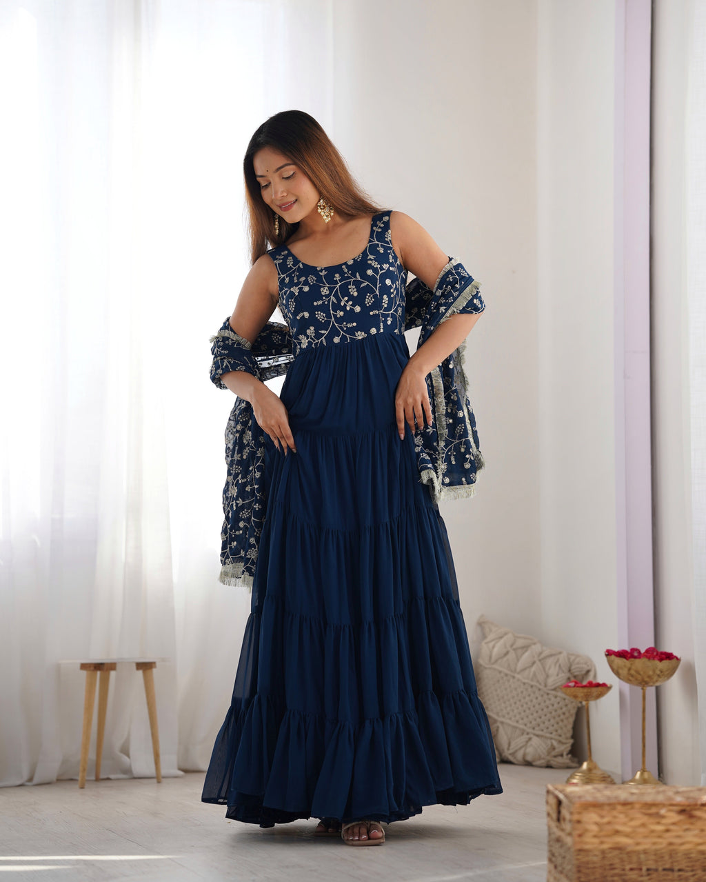 Lorenvalley Teal Faux Georgette Layer Gathering Anarkali Pant With Dupatta Set