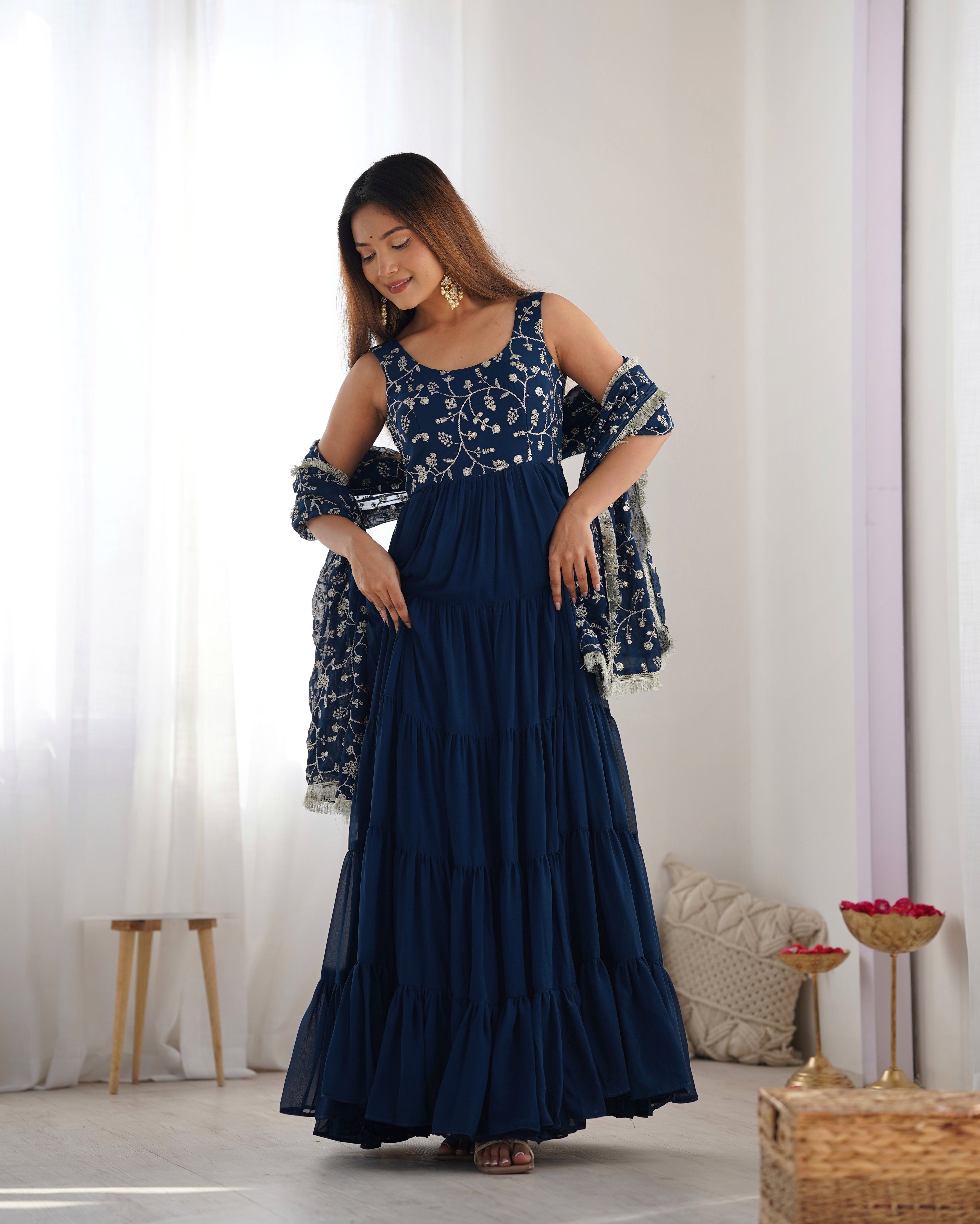 Lorenvalley Teal Faux Georgette Layer Gathering Anarkali Pant With Dupatta Set
