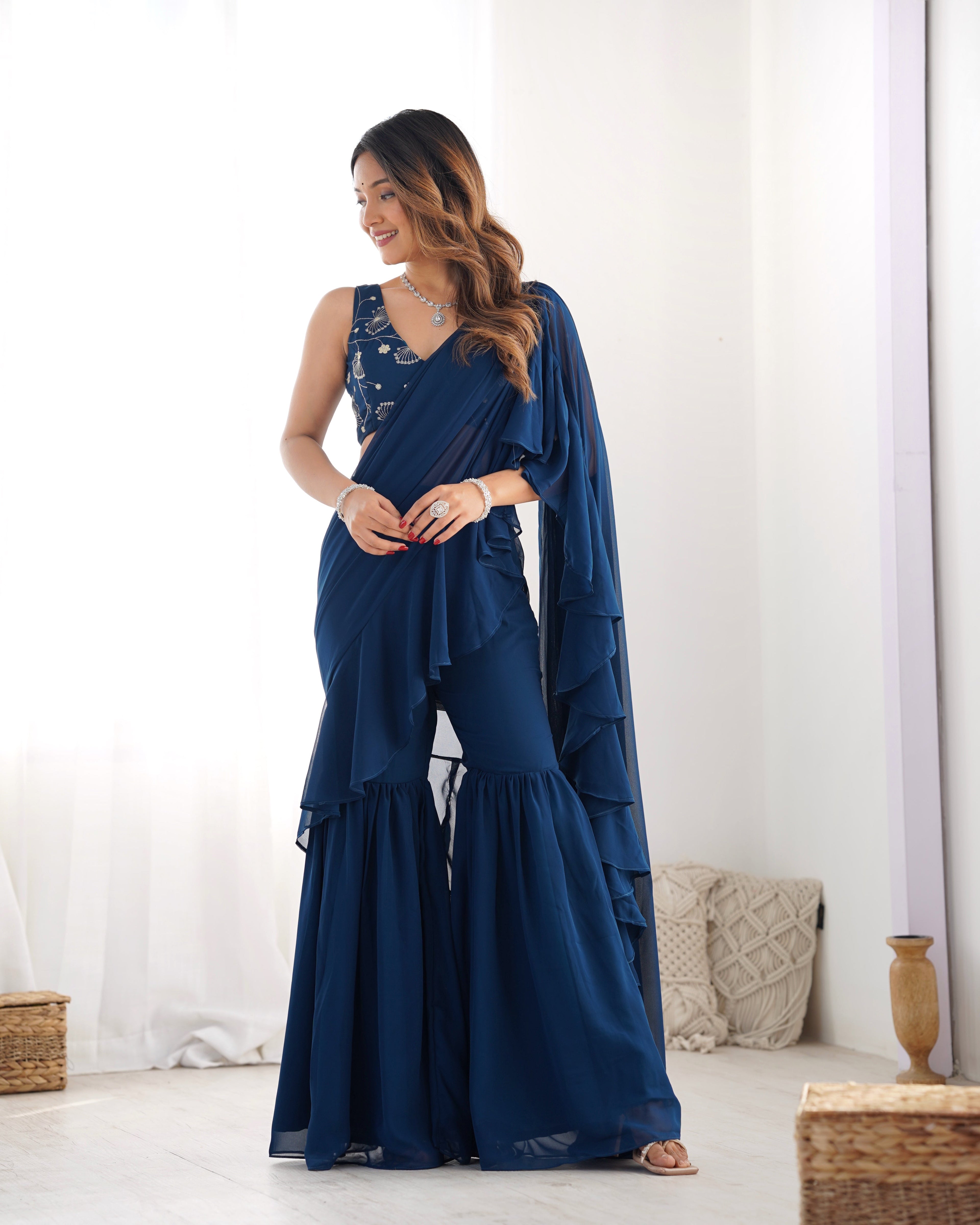 Lorenvalley Teal Faux Georgette Ready To Wear Sharara Saree with Full Stitched Blouse - Distacart