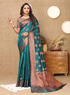 Lorenvalley Fashion Teal Soft Katan Silk Woven Design Copper Zari Weaving Saree