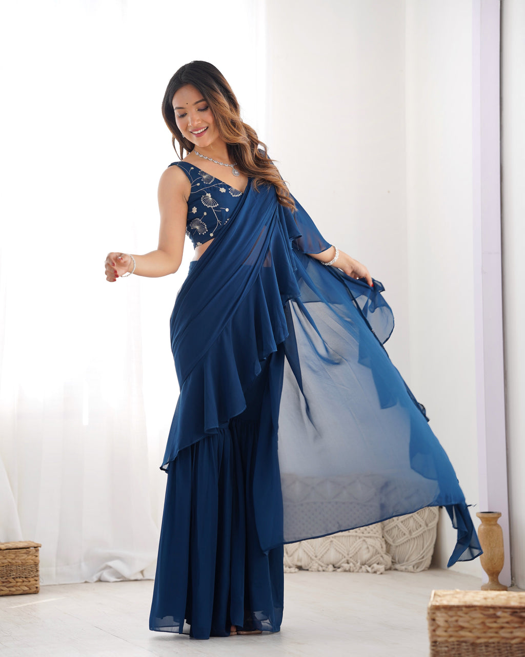 Lorenvalley Teal Faux Georgette Ready To Wear Sharara Saree with Full Stitched Blouse - Distacart