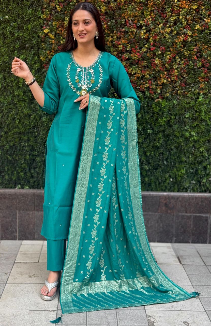 Lorenvalley Fashion Teal Roman Silk Hand Work Kurta Pant with Dupatta - Distacart