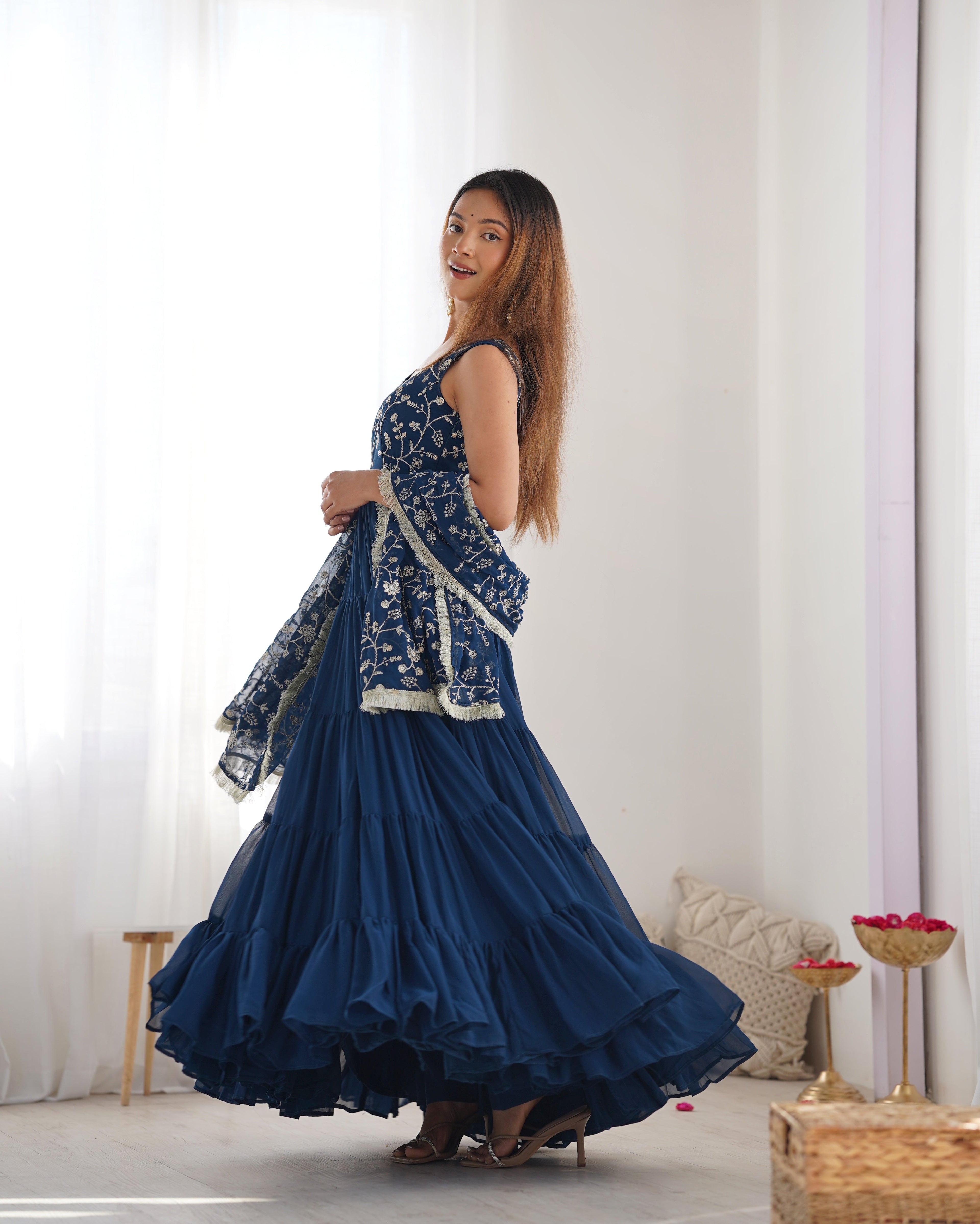 Lorenvalley Teal Faux Georgette Layer Gathering Anarkali Pant With Dupatta Set