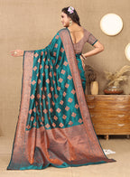 Lorenvalley Fashion Teal Soft Katan Silk Woven Design Copper Zari Weaving Saree