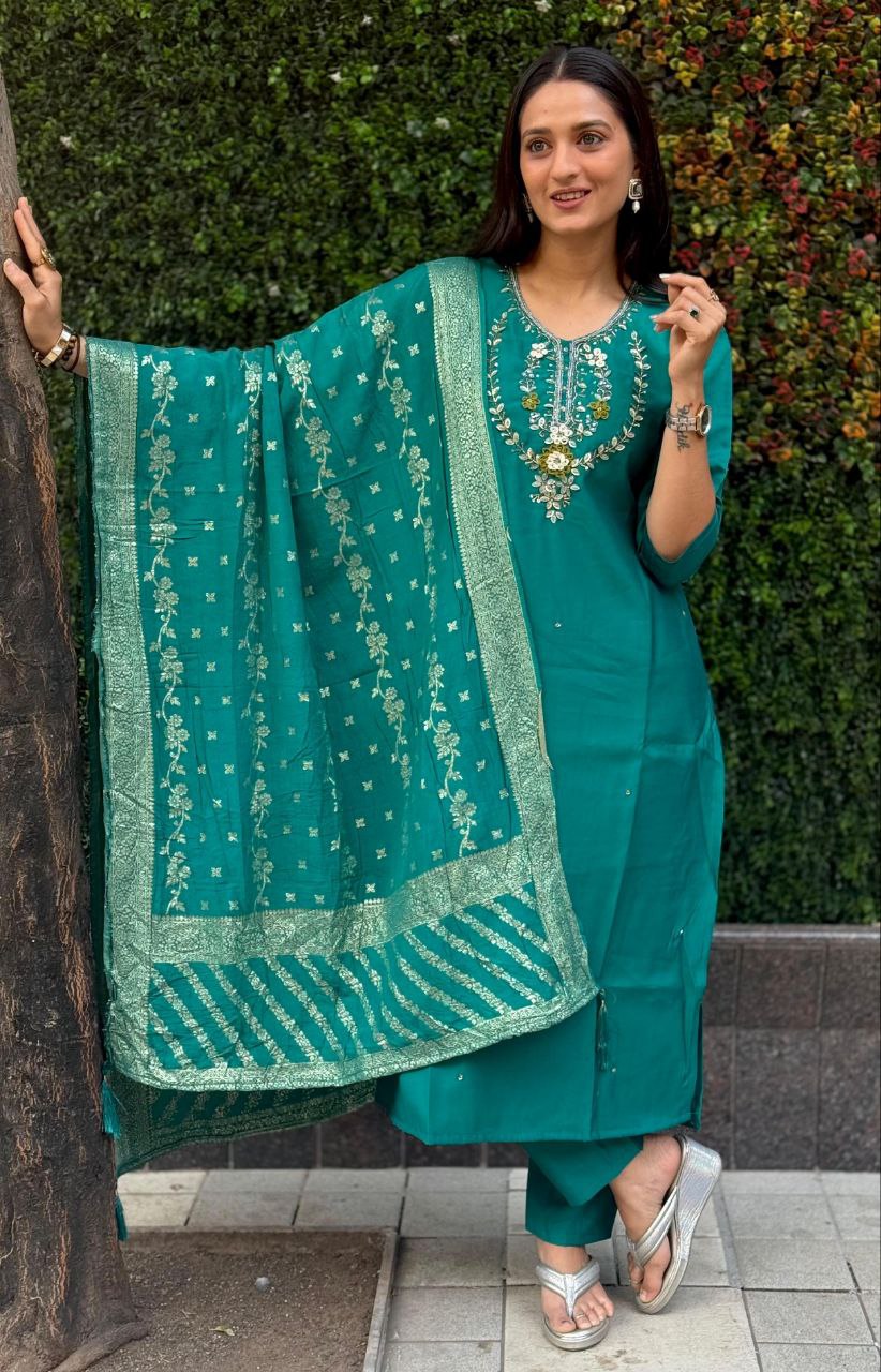 Lorenvalley Fashion Teal Roman Silk Hand Work Kurta Pant with Dupatta - Distacart