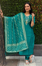 Lorenvalley Fashion Teal Roman Silk Hand Work Kurta Pant with Dupatta - Distacart