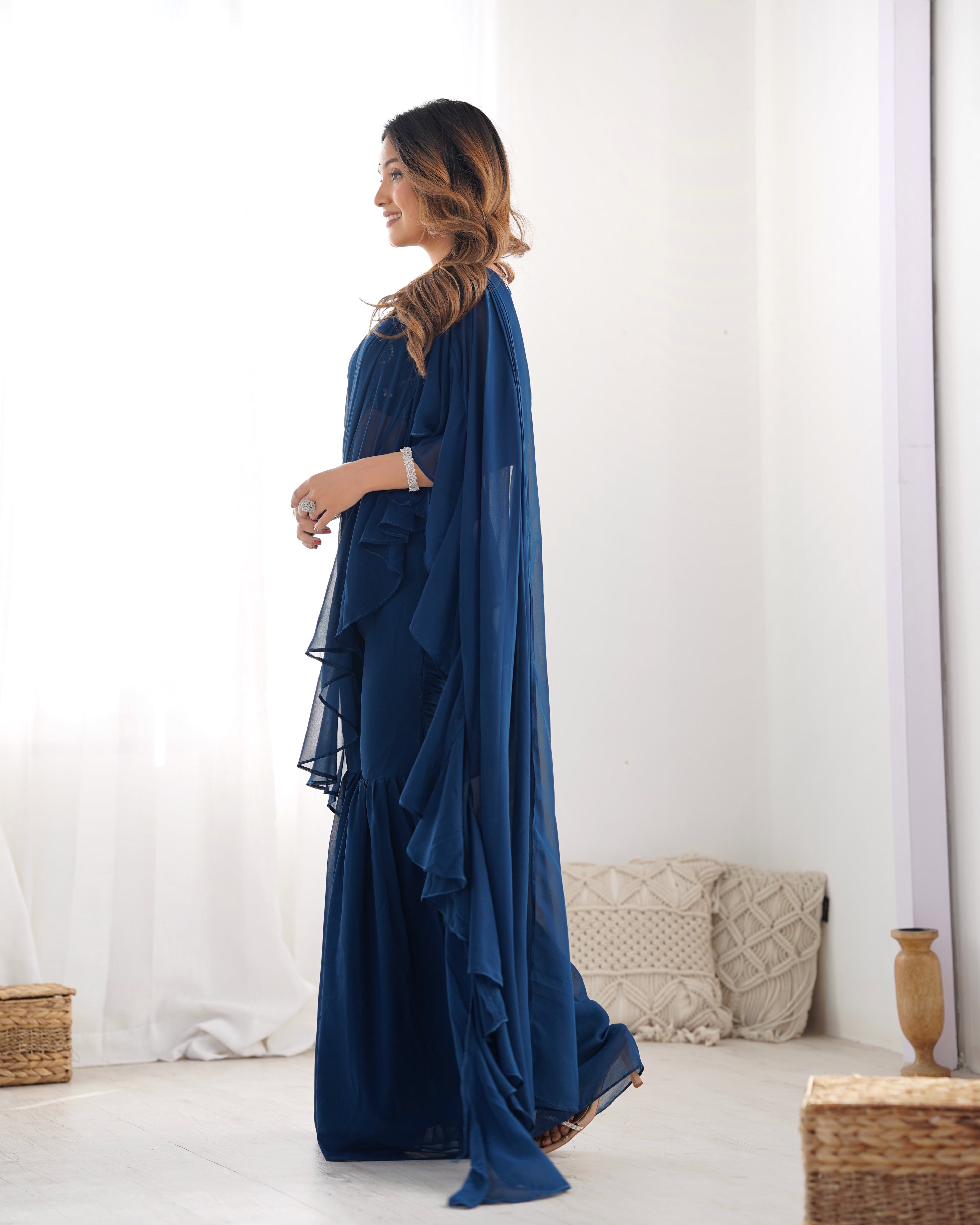 Lorenvalley Teal Faux Georgette Ready To Wear Sharara Saree with Full Stitched Blouse - Distacart