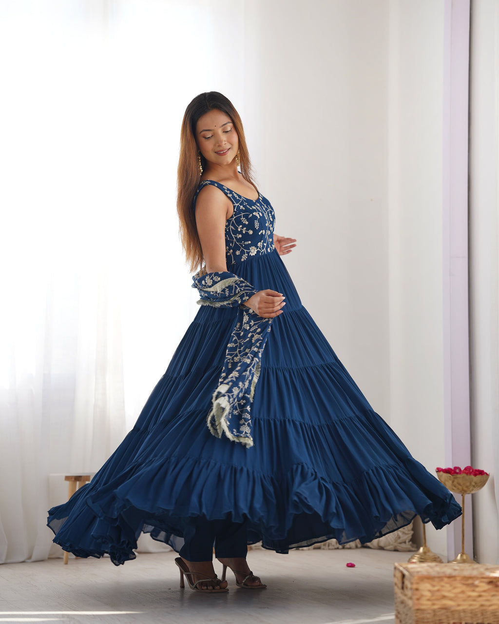 Lorenvalley Teal Faux Georgette Layer Gathering Anarkali Pant With Dupatta Set