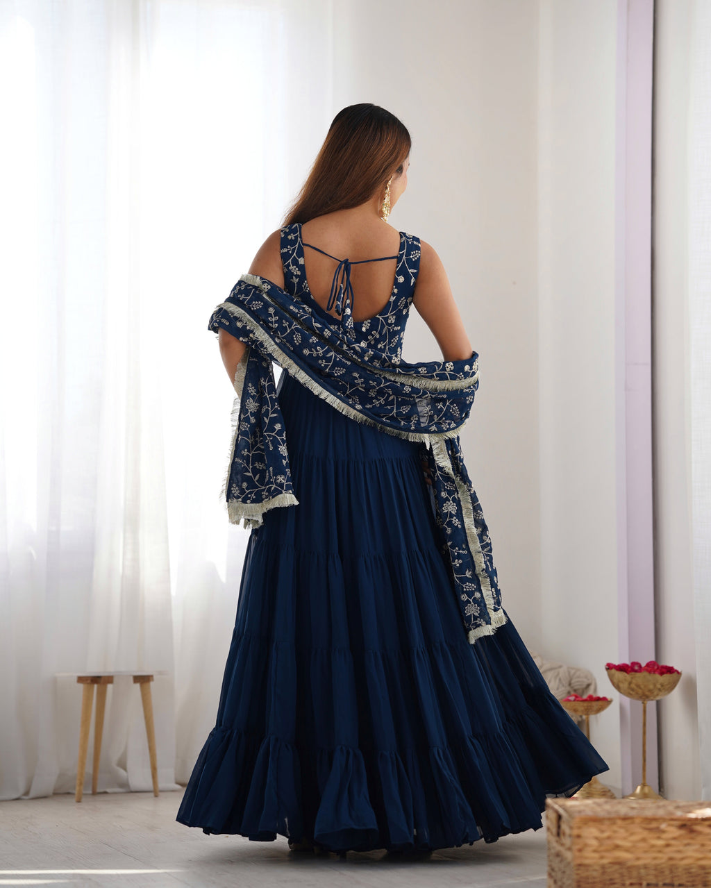 Lorenvalley Teal Faux Georgette Layer Gathering Anarkali Pant With Dupatta Set