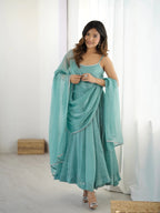 Lorenvalley Teal Crunchy Silk Fabric with Siroski Work Anarkali Pant With Dupatta Set