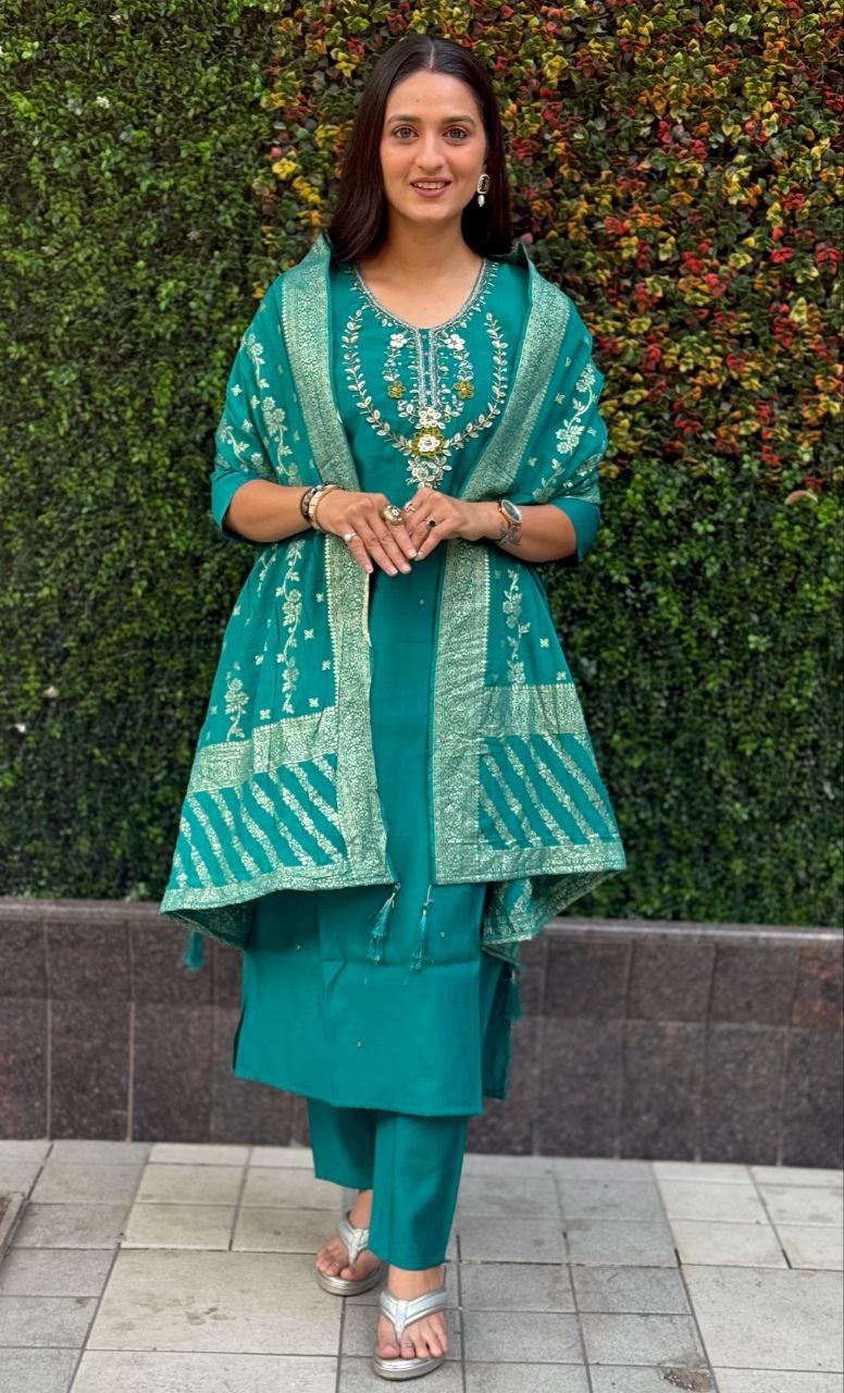 Lorenvalley Fashion Teal Roman Silk Hand Work Kurta Pant with Dupatta - Distacart